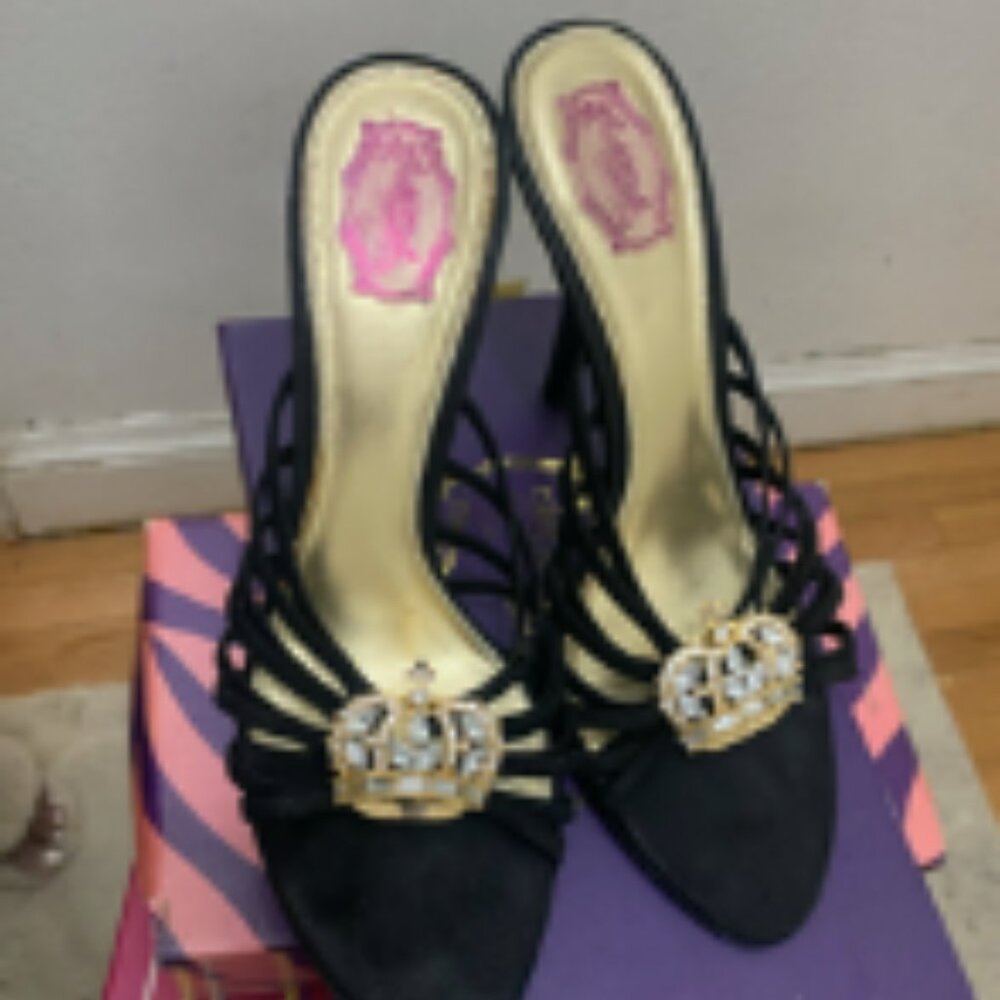 Hale Bob size 8m suede black women mule sandals with gold crown ornament